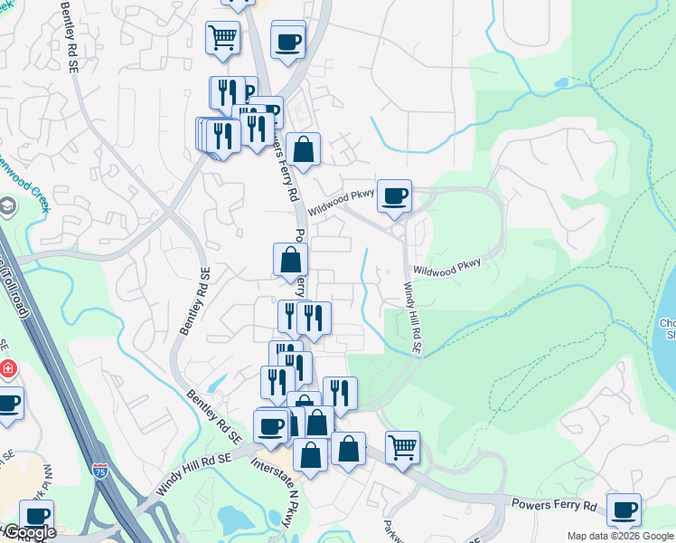 map of restaurants, bars, coffee shops, grocery stores, and more near 2983 Rivergreen Lane in Atlanta