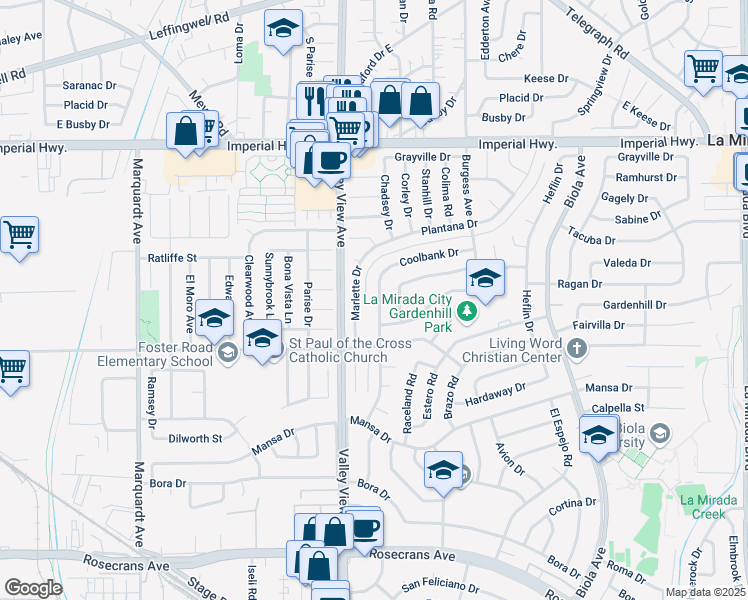 map of restaurants, bars, coffee shops, grocery stores, and more near 13122 De Alcala Drive in La Mirada