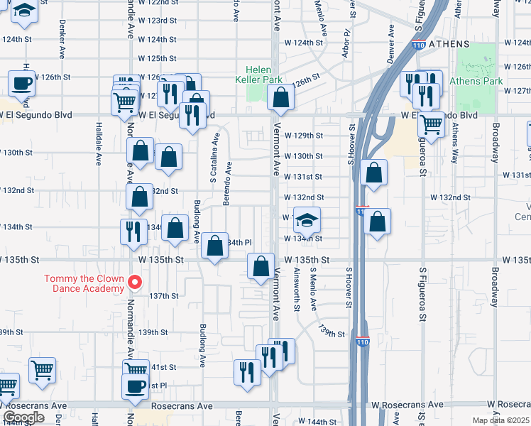 map of restaurants, bars, coffee shops, grocery stores, and more near 13313 South Vermont Avenue in Gardena