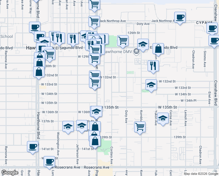 map of restaurants, bars, coffee shops, grocery stores, and more near 13305 Cordary Avenue in Hawthorne
