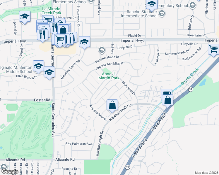 map of restaurants, bars, coffee shops, grocery stores, and more near 16109 Promontory Place in La Mirada
