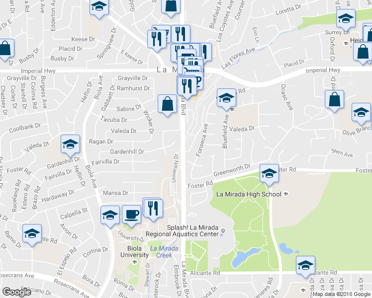 map of restaurants, bars, coffee shops, grocery stores, and more near 13241 Oakwood Lane in La Mirada