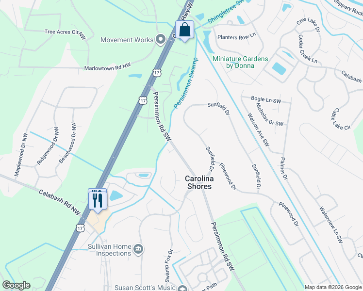 map of restaurants, bars, coffee shops, grocery stores, and more near 94 Persimmon Road Southwest in Calabash