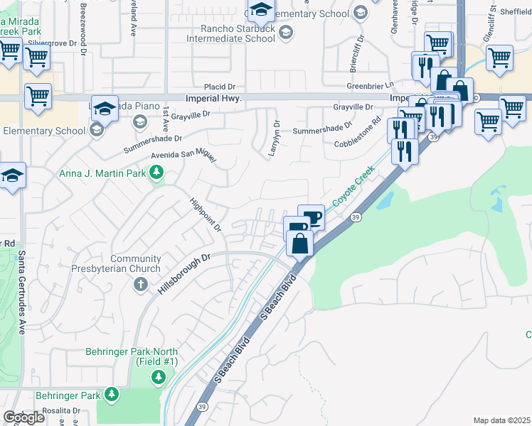 map of restaurants, bars, coffee shops, grocery stores, and more near 13220 Royalcrest Court in La Mirada