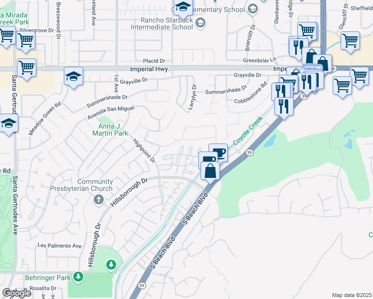map of restaurants, bars, coffee shops, grocery stores, and more near 13220 Royalcrest Court in La Mirada