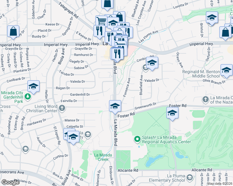 map of restaurants, bars, coffee shops, grocery stores, and more near 13241 Oakwood Lane in La Mirada