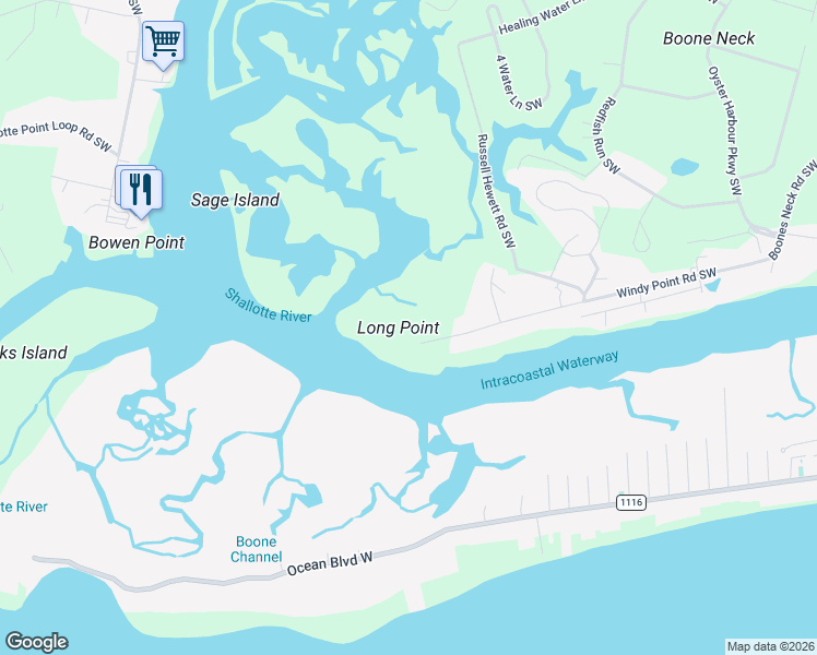 map of restaurants, bars, coffee shops, grocery stores, and more near 3819 Windy Point Road Southwest in Brunswick
