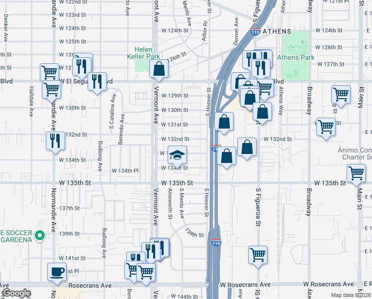 map of restaurants, bars, coffee shops, grocery stores, and more near 742 West 132nd Street in Gardena