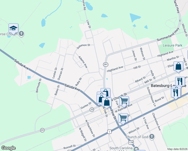 map of restaurants, bars, coffee shops, grocery stores, and more near 322 Adams Avenue in Batesburg-Leesville