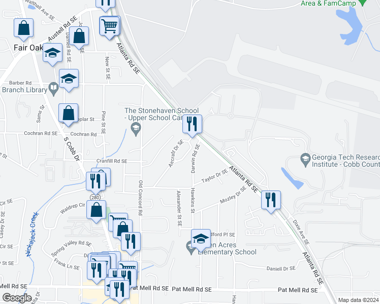 map of restaurants, bars, coffee shops, grocery stores, and more near 1701 Aircraft Drive Southeast in Marietta