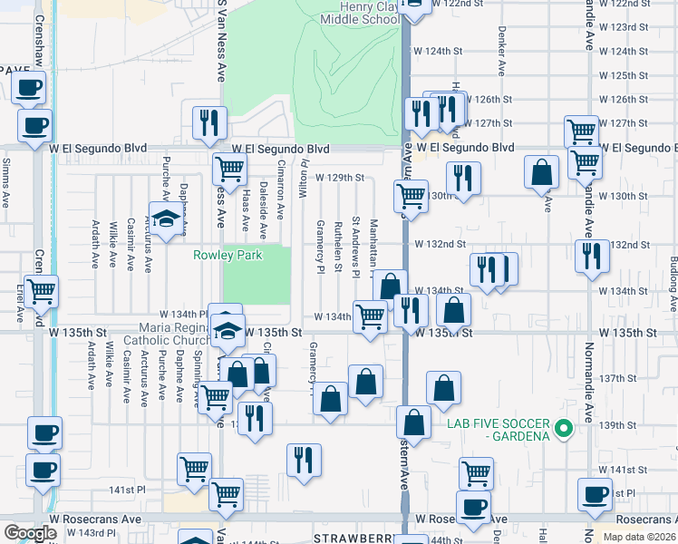 map of restaurants, bars, coffee shops, grocery stores, and more near 13215 Ruthelen Street in Gardena