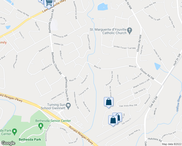 map of restaurants, bars, coffee shops, grocery stores, and more near 3012 Dempsey Place in Lawrenceville