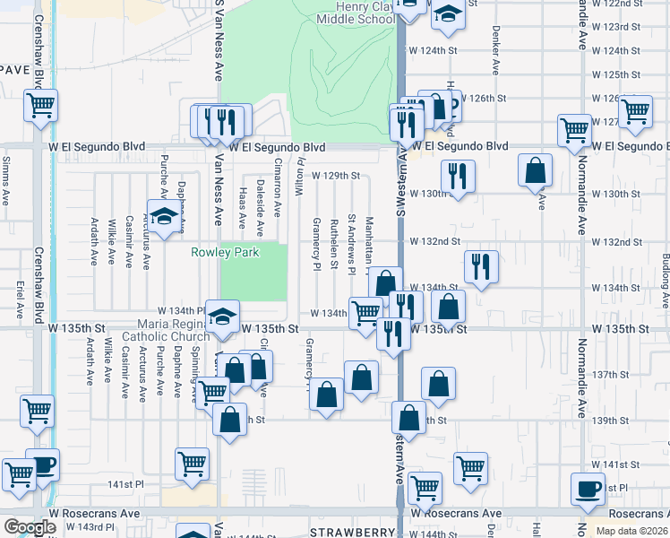 map of restaurants, bars, coffee shops, grocery stores, and more near 13228 Ruthelen Street in Gardena
