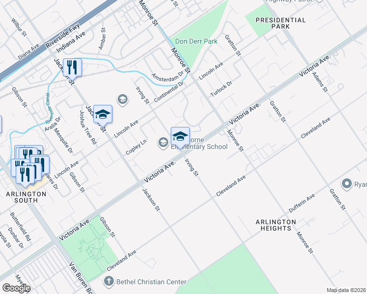 map of restaurants, bars, coffee shops, grocery stores, and more near 8855 Victoria Avenue in Riverside