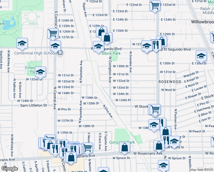 map of restaurants, bars, coffee shops, grocery stores, and more near 1409 West 133rd Street in Compton