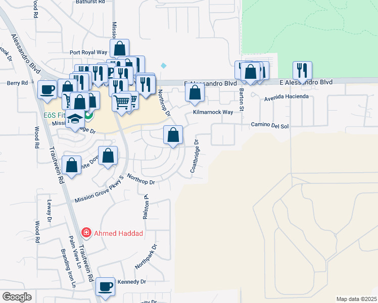 map of restaurants, bars, coffee shops, grocery stores, and more near 7712 Northrop Drive in Riverside