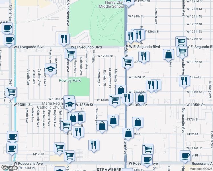 map of restaurants, bars, coffee shops, grocery stores, and more near 13228 Ruthelen Street in Gardena