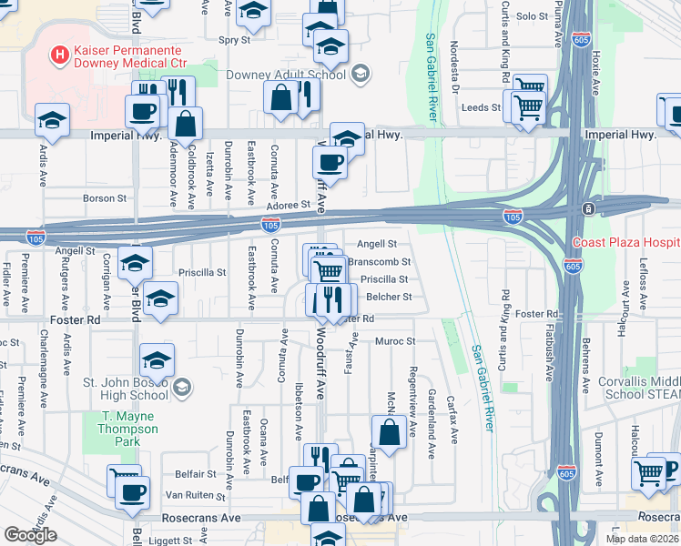 map of restaurants, bars, coffee shops, grocery stores, and more near 13137 Faust Avenue in Downey