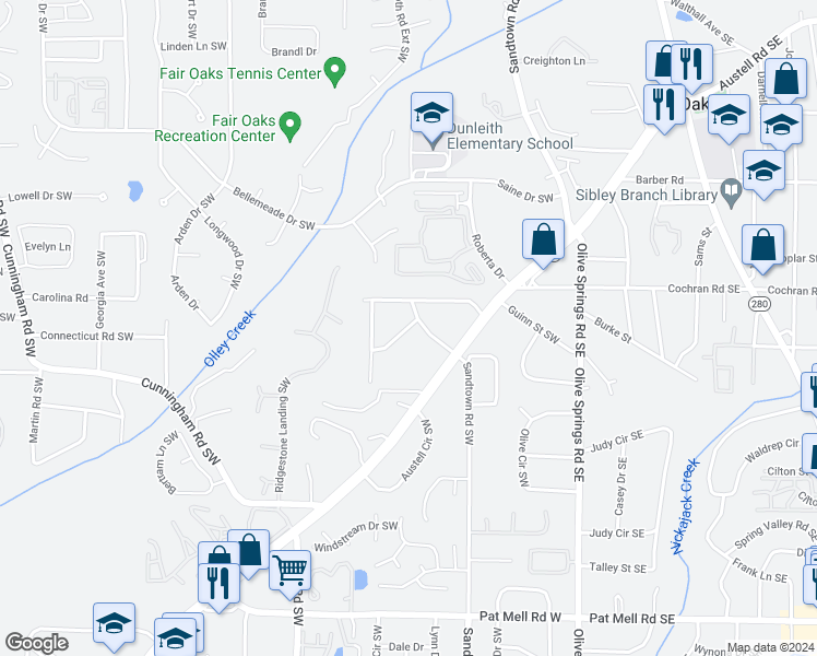map of restaurants, bars, coffee shops, grocery stores, and more near 235 Keaton Street Southwest in Marietta