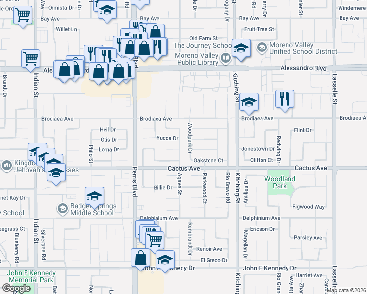 map of restaurants, bars, coffee shops, grocery stores, and more near 14333 Woodpark Drive in Moreno Valley