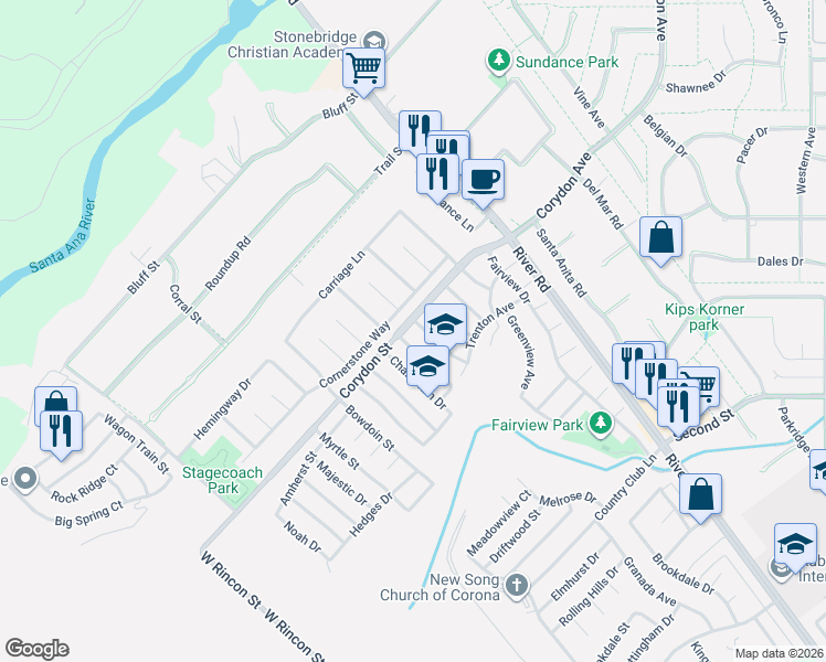 map of restaurants, bars, coffee shops, grocery stores, and more near 1269 Cornerstone Way in Corona