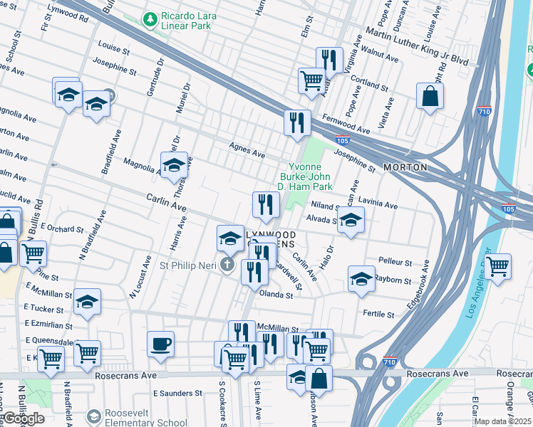 map of restaurants, bars, coffee shops, grocery stores, and more near 4325 Carlin Avenue in Lynwood