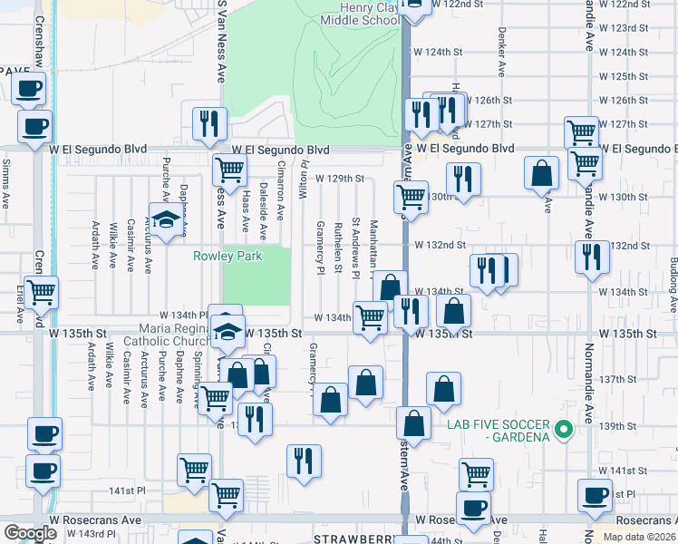 map of restaurants, bars, coffee shops, grocery stores, and more near 13215 Ruthelen Street in Gardena
