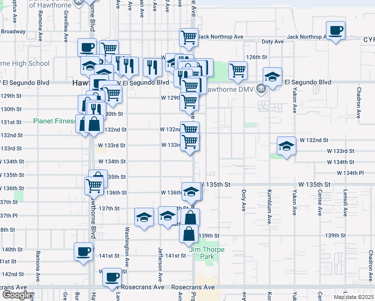 map of restaurants, bars, coffee shops, grocery stores, and more near 13251 Prairie Avenue in Hawthorne