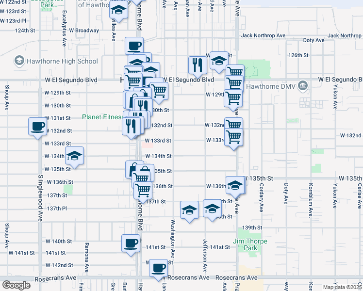 map of restaurants, bars, coffee shops, grocery stores, and more near 4221 West 133rd Street in Hawthorne