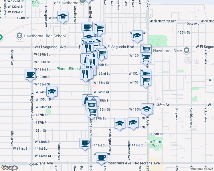 map of restaurants, bars, coffee shops, grocery stores, and more near 4317 West 133rd Street in Hawthorne