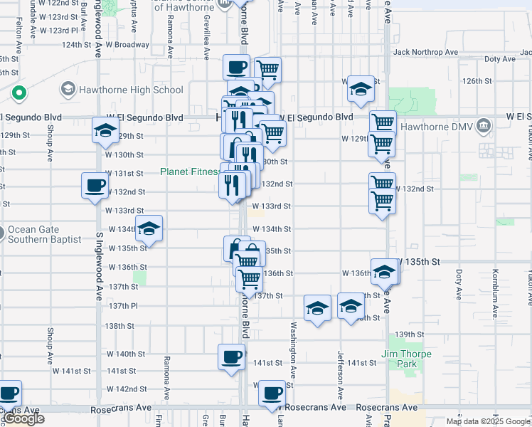 map of restaurants, bars, coffee shops, grocery stores, and more near 4361-4383 West 133rd Street in Hawthorne