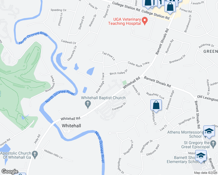 map of restaurants, bars, coffee shops, grocery stores, and more near 208 Pine Ridge Trace in Athens