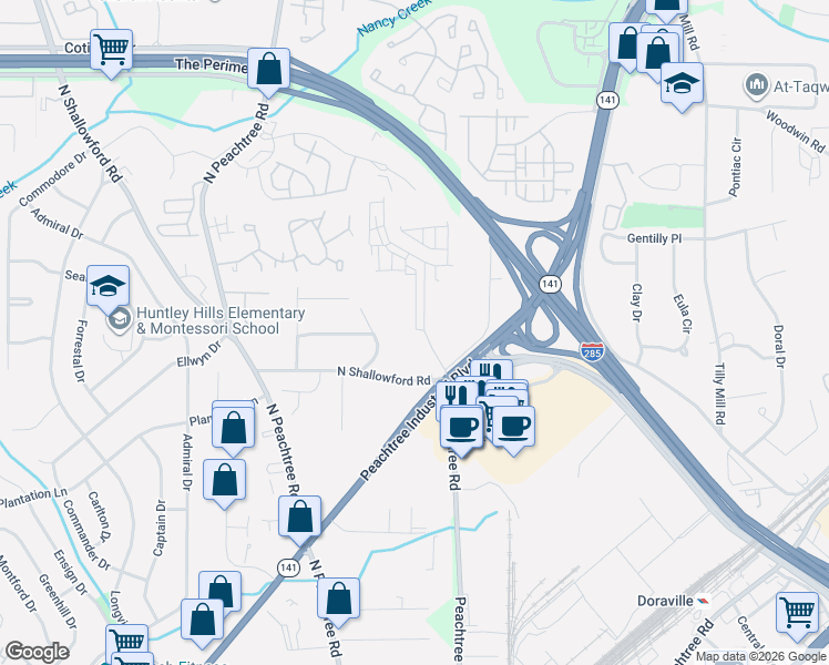 map of restaurants, bars, coffee shops, grocery stores, and more near 4050 Parsons Drive in Atlanta