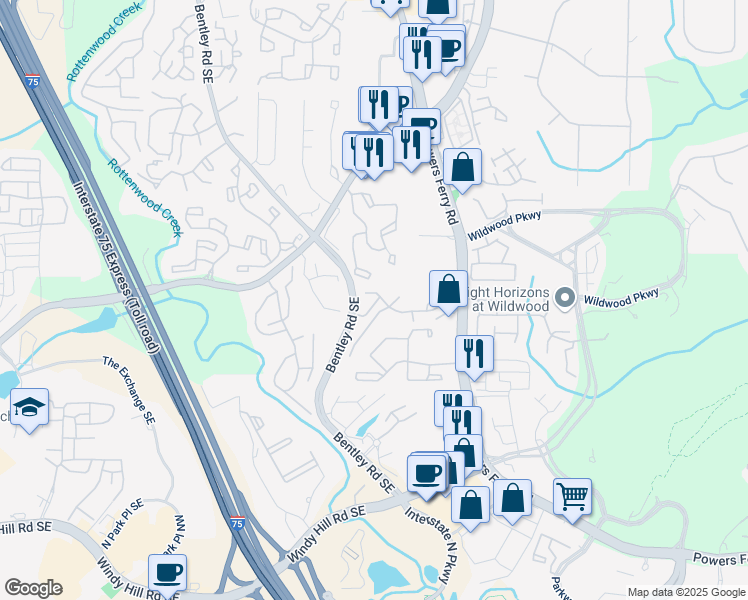 map of restaurants, bars, coffee shops, grocery stores, and more near 2875 Torreya Way Southeast in Marietta