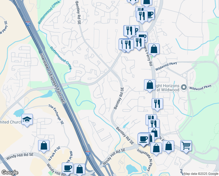 map of restaurants, bars, coffee shops, grocery stores, and more near 1668 Terrell Ridge Drive in Marietta
