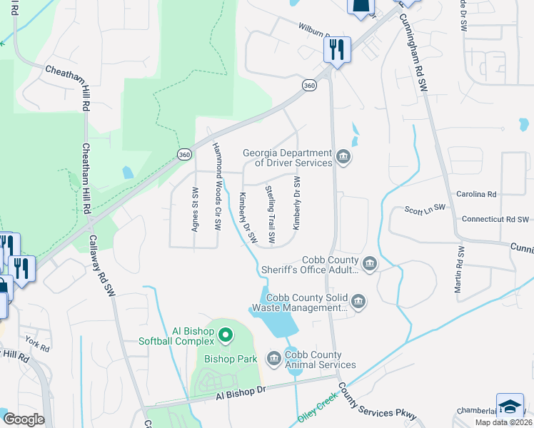 map of restaurants, bars, coffee shops, grocery stores, and more near 1692 Sterling Trail Southwest in Marietta