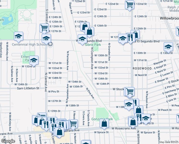 map of restaurants, bars, coffee shops, grocery stores, and more near 1409 West 133rd Street in Compton