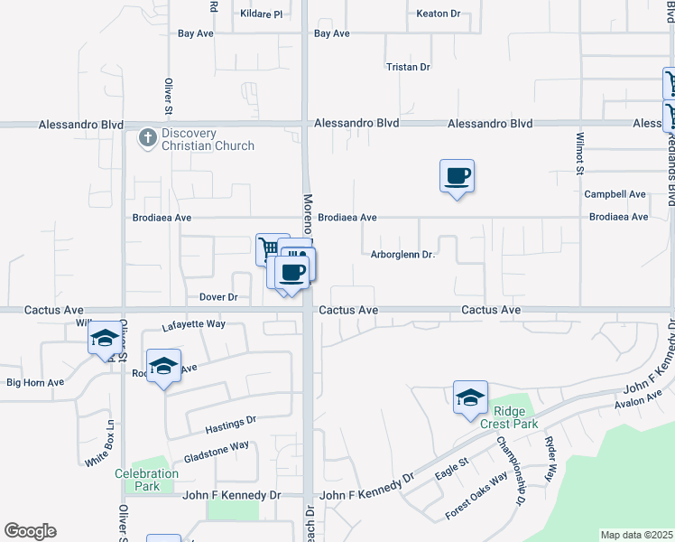 map of restaurants, bars, coffee shops, grocery stores, and more near in Moreno Valley