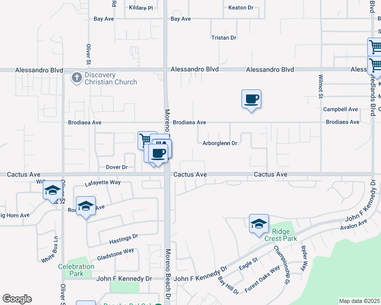 map of restaurants, bars, coffee shops, grocery stores, and more near in Moreno Valley