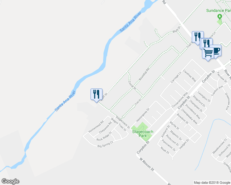 map of restaurants, bars, coffee shops, grocery stores, and more near 5573 Bluff Street in Norco