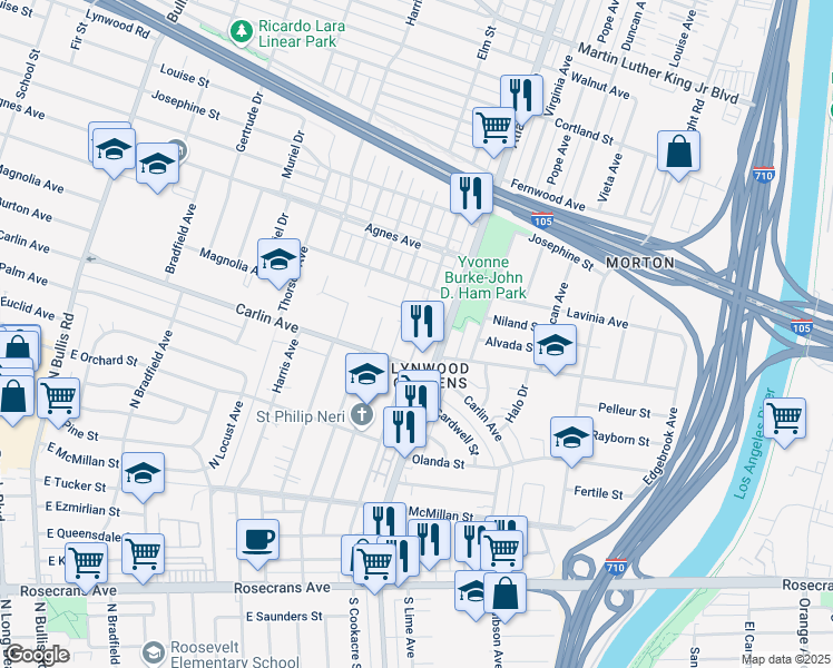 map of restaurants, bars, coffee shops, grocery stores, and more near 12225 Atlantic Avenue in Lynwood