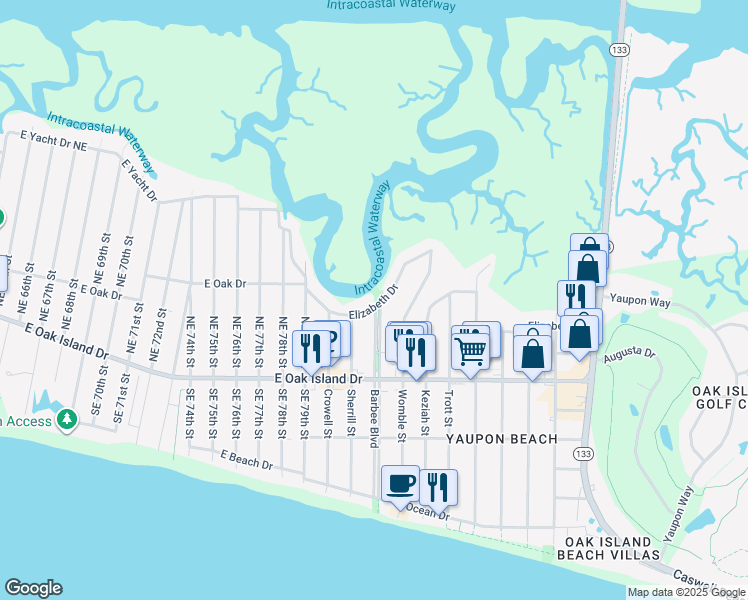 map of restaurants, bars, coffee shops, grocery stores, and more near 414 Barbee Blvd in Oak Island