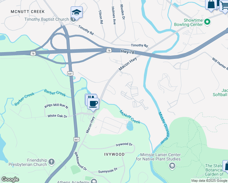 map of restaurants, bars, coffee shops, grocery stores, and more near 149 Martha Drive in Athens