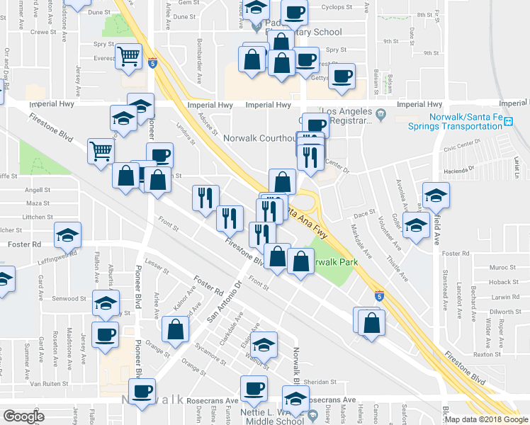 map of restaurants, bars, coffee shops, grocery stores, and more near 12037 Olive Street in Norwalk