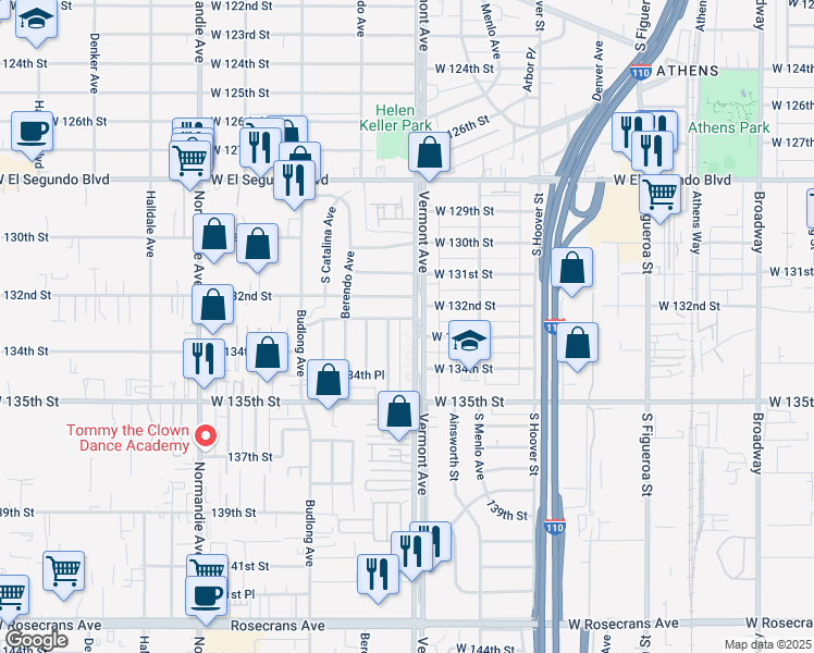map of restaurants, bars, coffee shops, grocery stores, and more near 13307 South Vermont Avenue in Gardena
