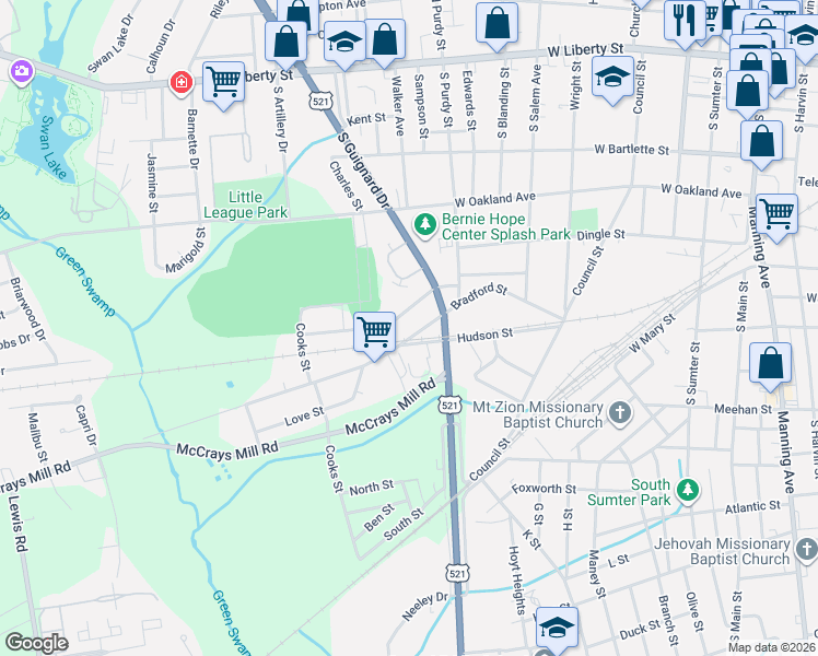 map of restaurants, bars, coffee shops, grocery stores, and more near 119 Green Swamp Road in Sumter