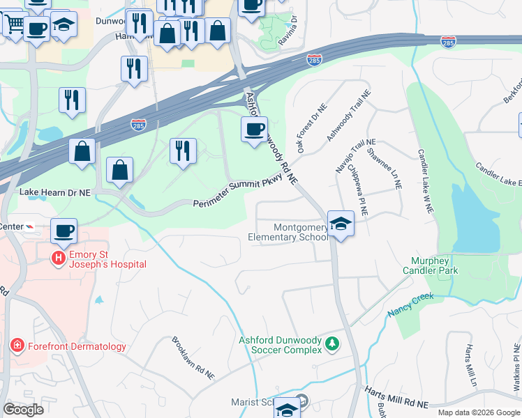 map of restaurants, bars, coffee shops, grocery stores, and more near 1242 Dunwoody Lane Northeast in Atlanta