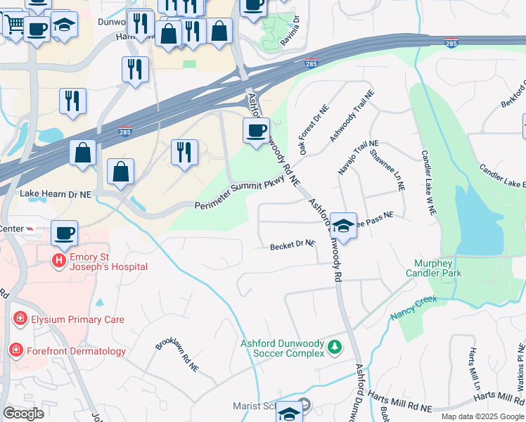 map of restaurants, bars, coffee shops, grocery stores, and more near 1253 Dunwoody Lane Northeast in Atlanta