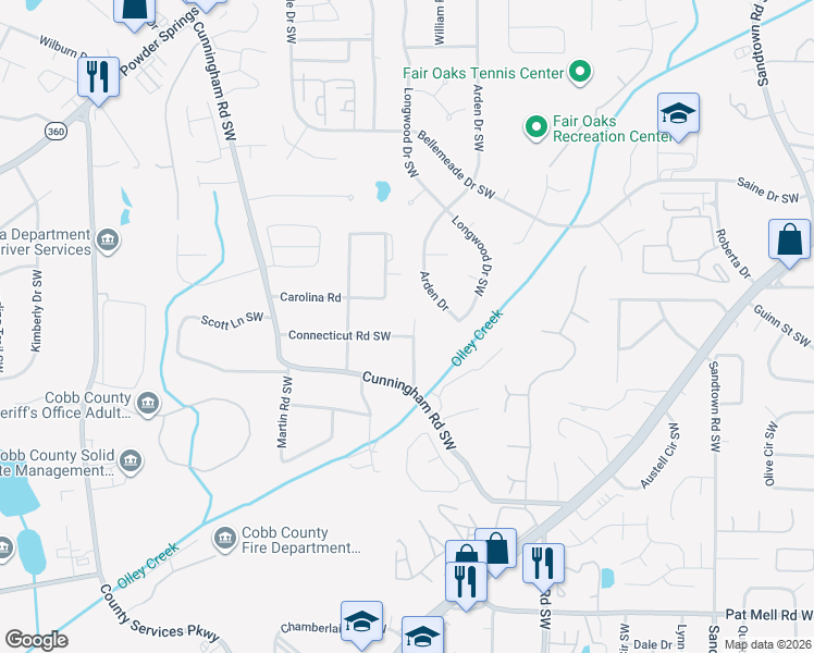 map of restaurants, bars, coffee shops, grocery stores, and more near 584 Connecticut Rd SW in Marietta