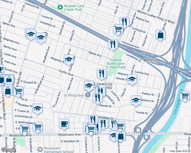 map of restaurants, bars, coffee shops, grocery stores, and more near 4295 Carlin Avenue in Lynwood